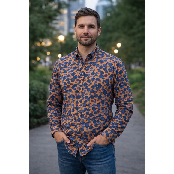 Luchiano Visconti Mens Shirt Gold with Blue and Purple Circles Size 3xl